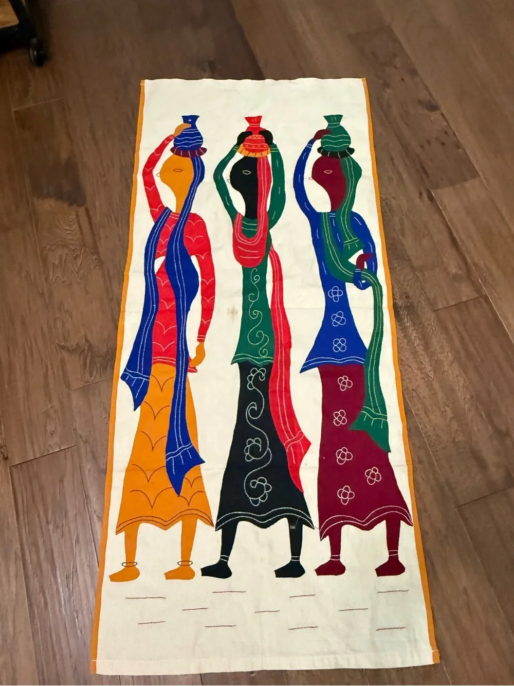 Vintage African Applique Wall Hanging Textile Art Three Women Water Carriers